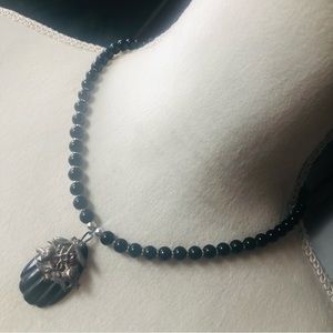 Handcrafted repurpose black Chalcedony stone pendant Czech glass Pearl necklace